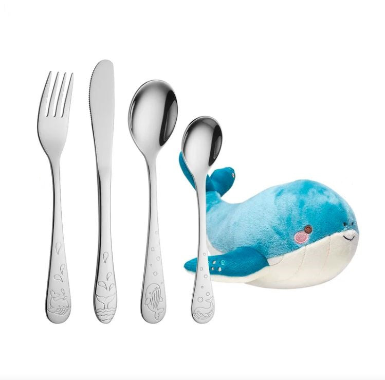 Rustfrit stål bestik m. hval inkl. bamse