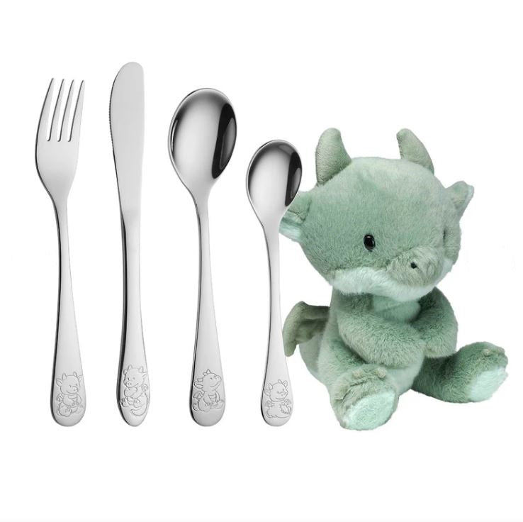 Rustfrit stål bestik m. drage inkl. bamse