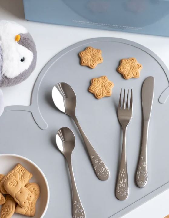 Rustfrit stål bestik m. pingvin inkl. bamse